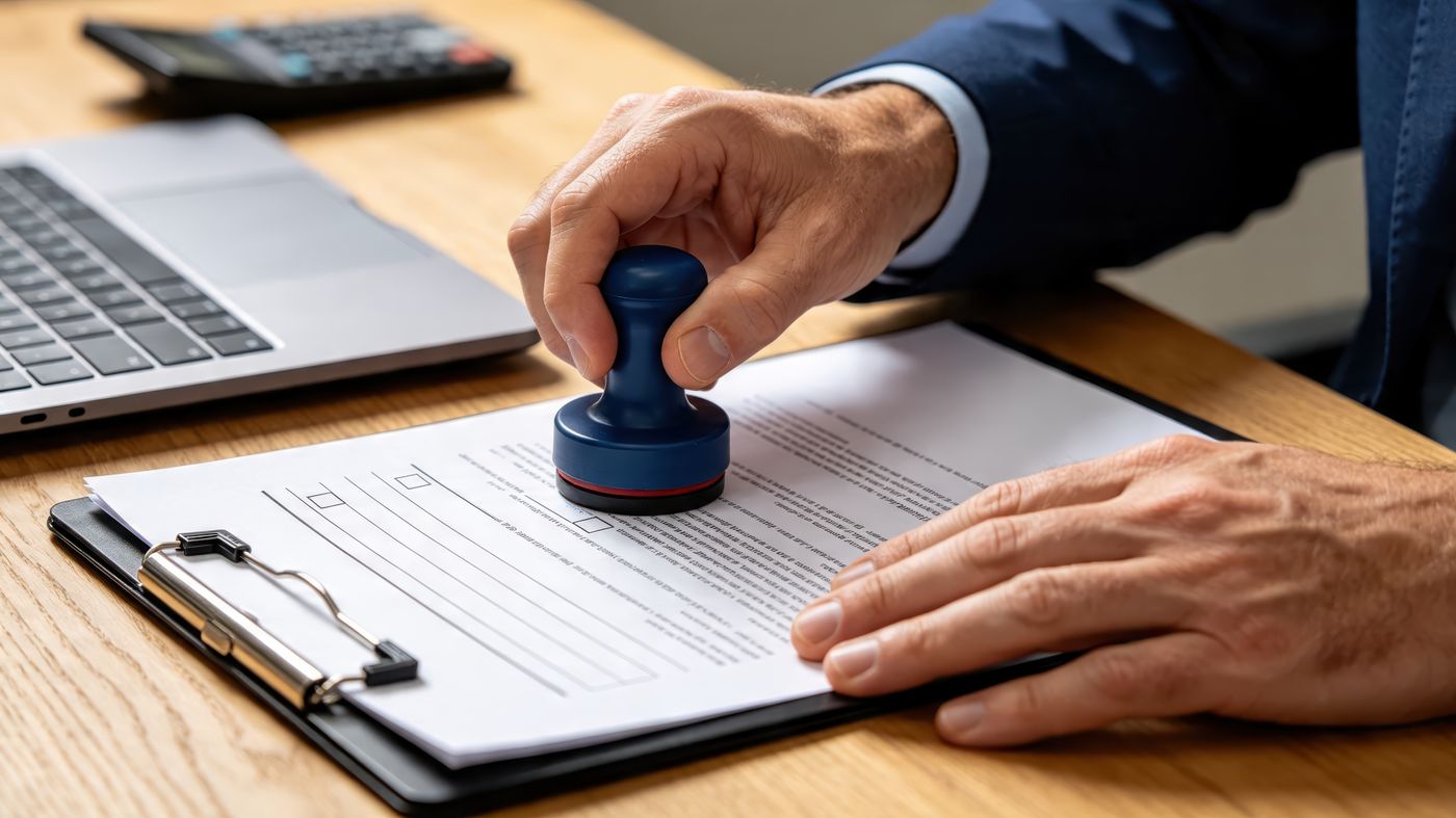 Notary stamping a business document in an office setting in Arnold, MD