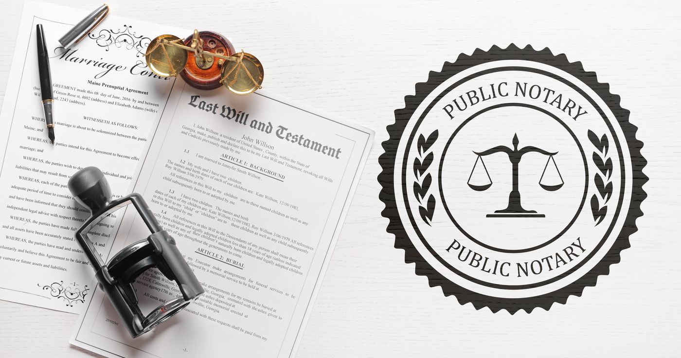 Notary seal alongside a will and marriage certificate ready for signing