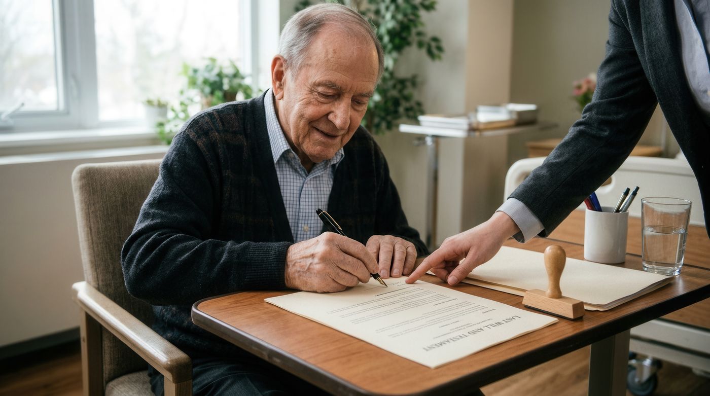 Elderly man signing a will at home in Crownsville, MD with notary assistance